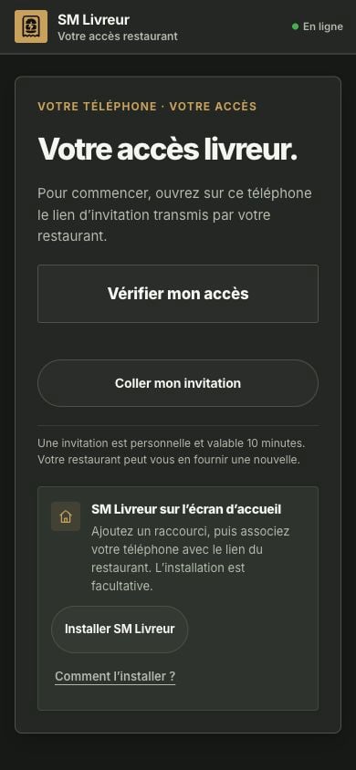 Application SM Livreur : écran d'accès sur invitation du restaurant